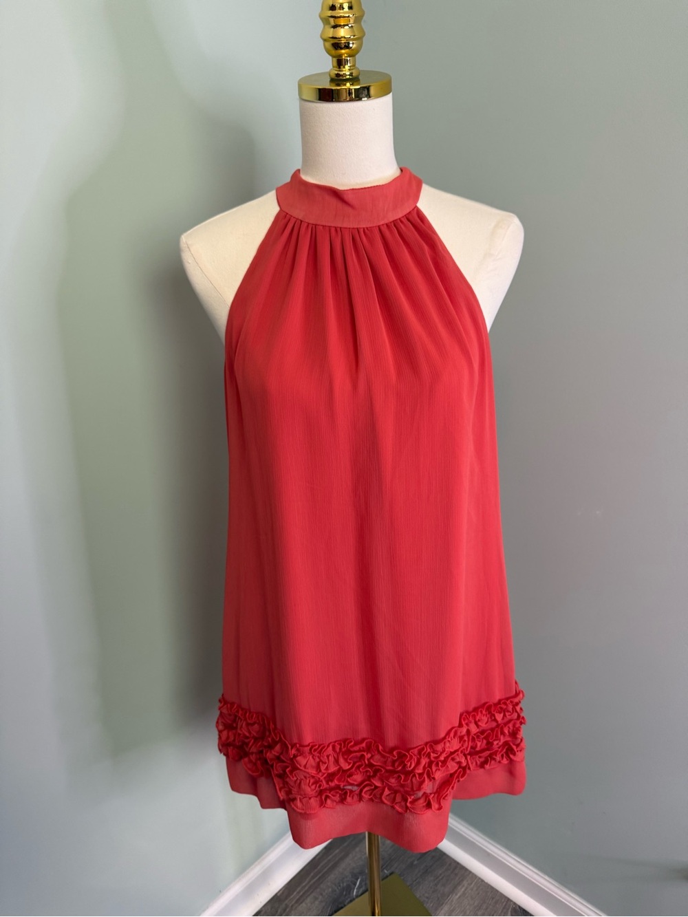 Forever 21 XXI Coral Pink Halter Ruffle Hem Mini Dressโ Chiffon Shift M